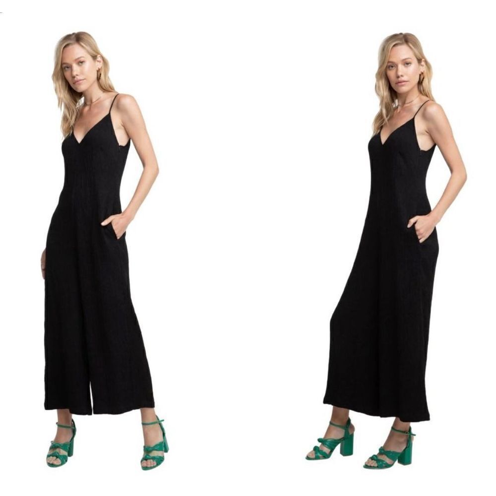 ASTR ARDEN WIDE LEG black crepe ribbed JUMPSUIT large‎